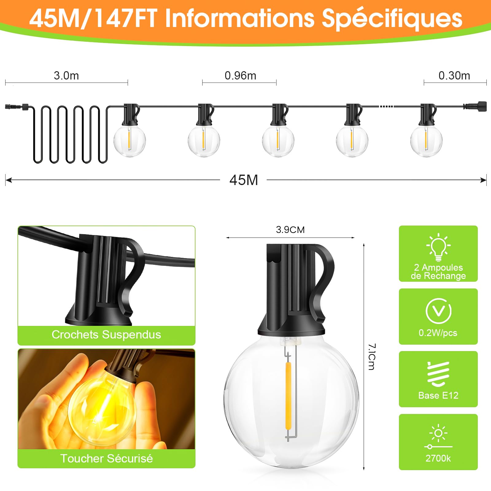 Guirlande Lumineuse d'Extérieur et intérieur - 45M LED Guirlande Guinguette