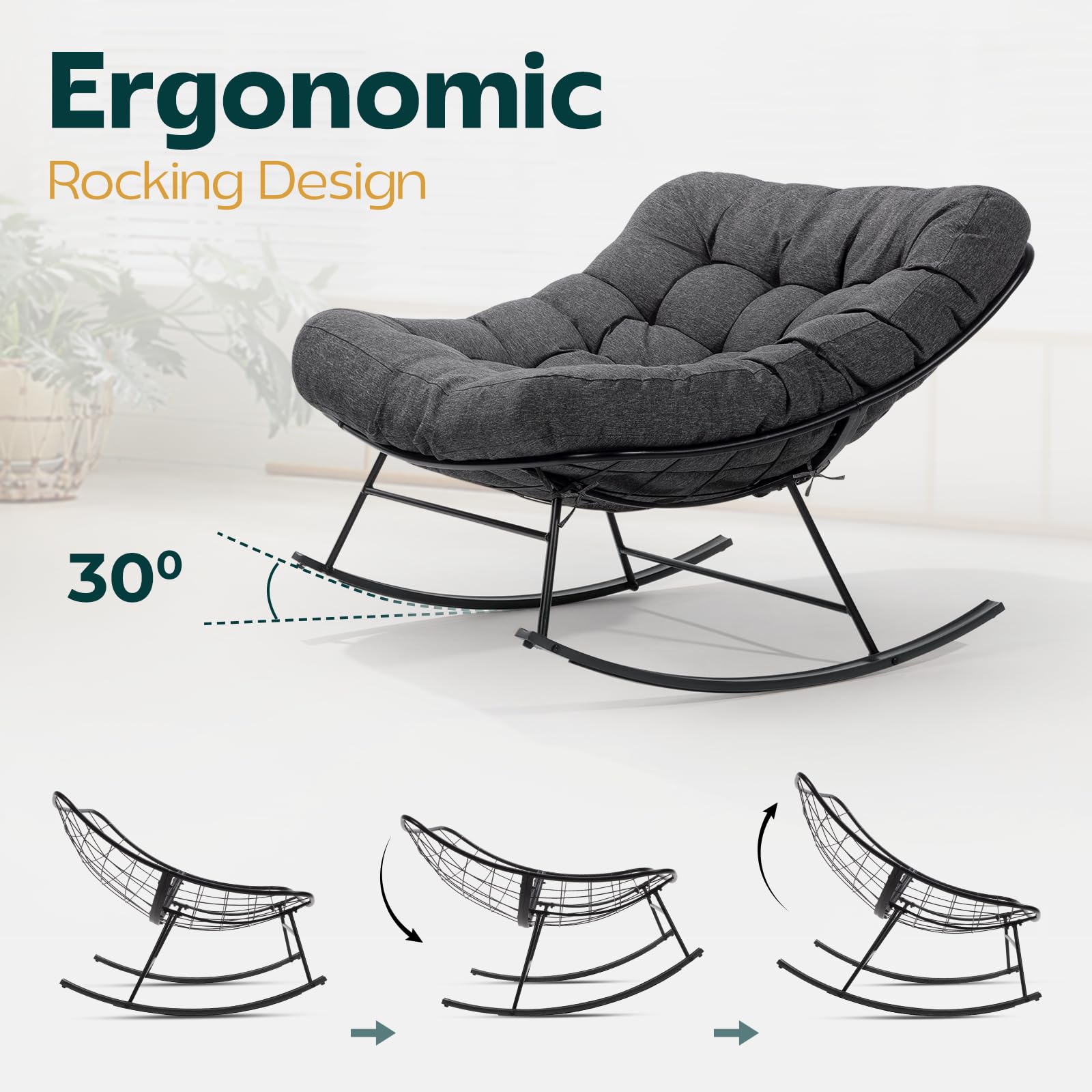 Mecedora de patio para exteriores e interiores, moderna mecedora de metal con cojín grueso de 7 pulgadas, capacidad de 400 libras, diseño ergonómico, fácil montaje, cojín gris, balancín negro mate 6