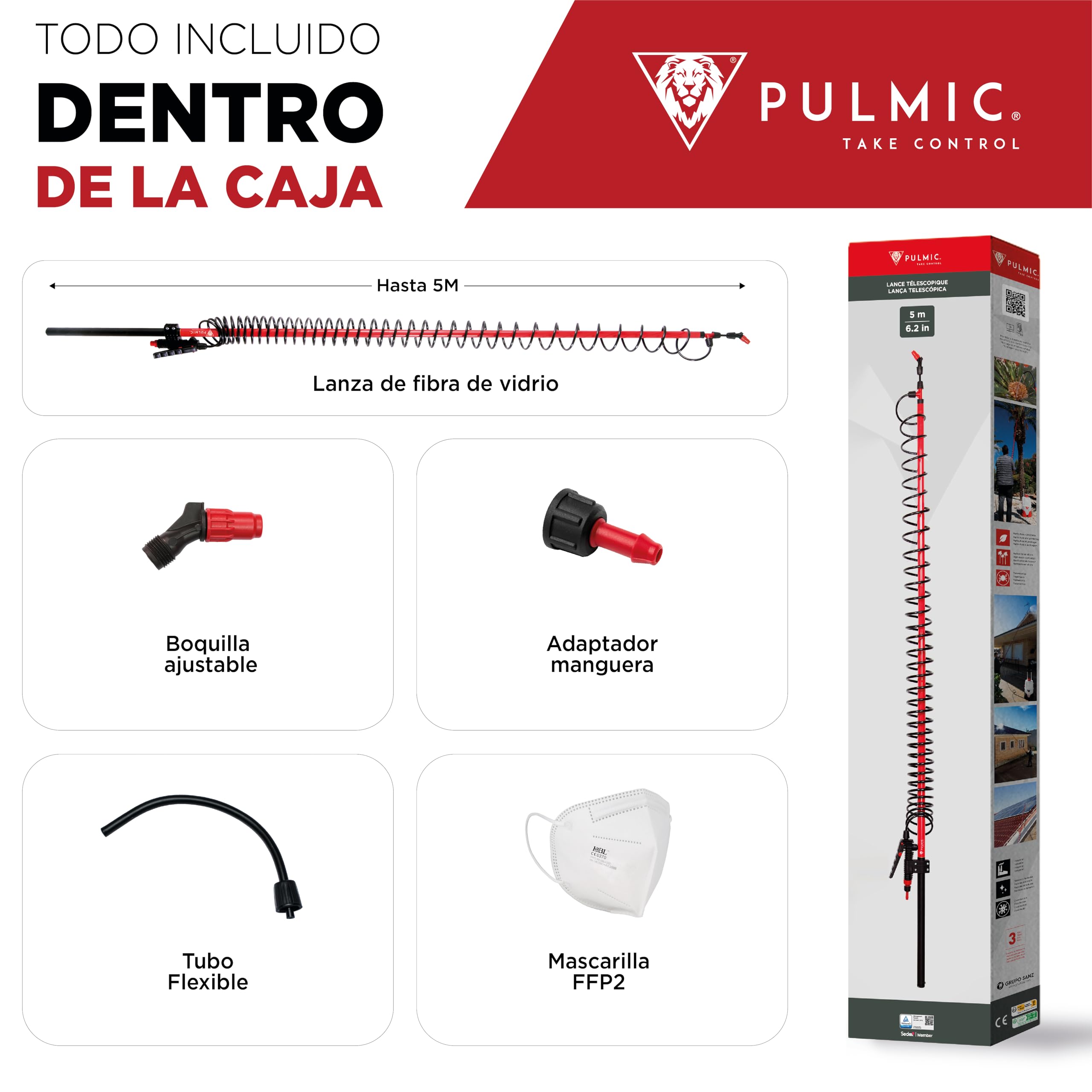 PULMIC Lanza Telescópica Pulverizador 5 Metros. Ergonómica. Extensible. Profesional. Ajustable hasta 5m. Aplicaciones en Altura. Ultra Ligera. Compatible con cualquier sulfatadora para fumigar.