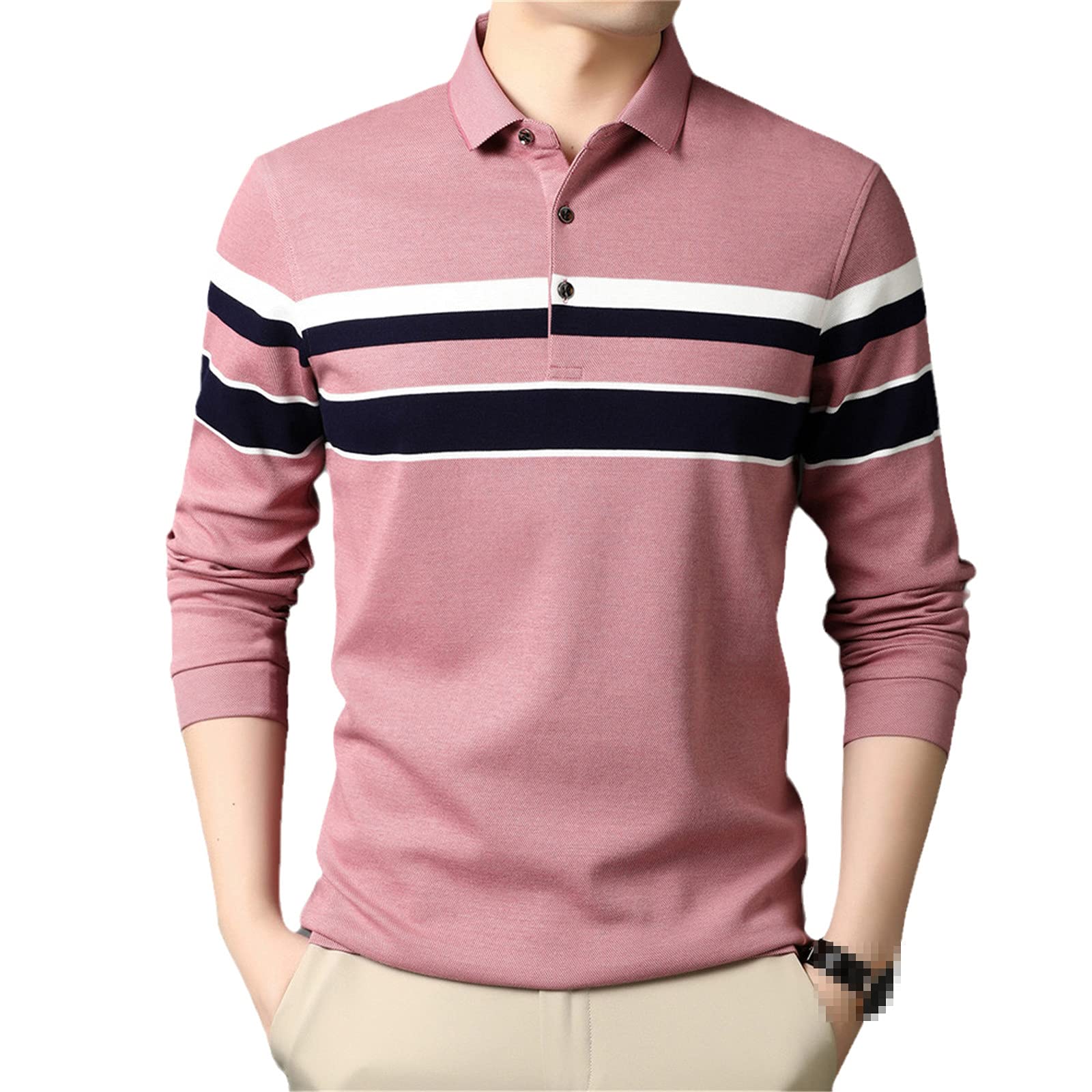 Herbst Business Casual Streifen Langarm Baumwolle Poloshirt Herren Kleidung, rose, XXL
