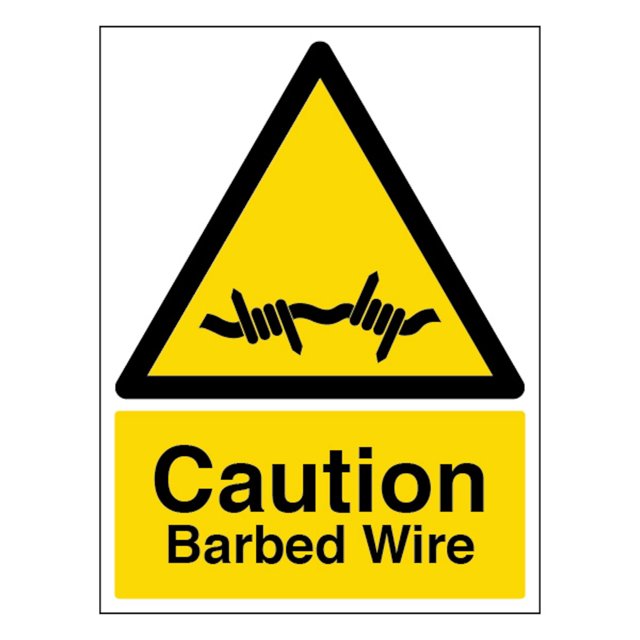V Safety Caution Barbed Wire - Portrait 200 x 300mm - 1mm Rigid Plastic Safety Sign