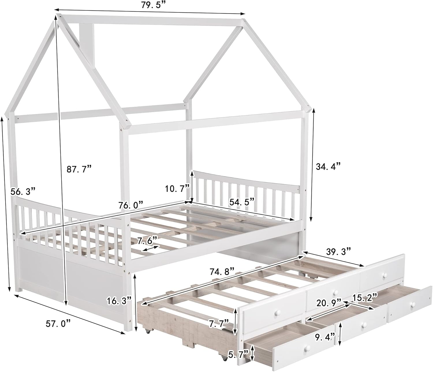 Detailed dimensions diagram of the Full House Bed with Trundle