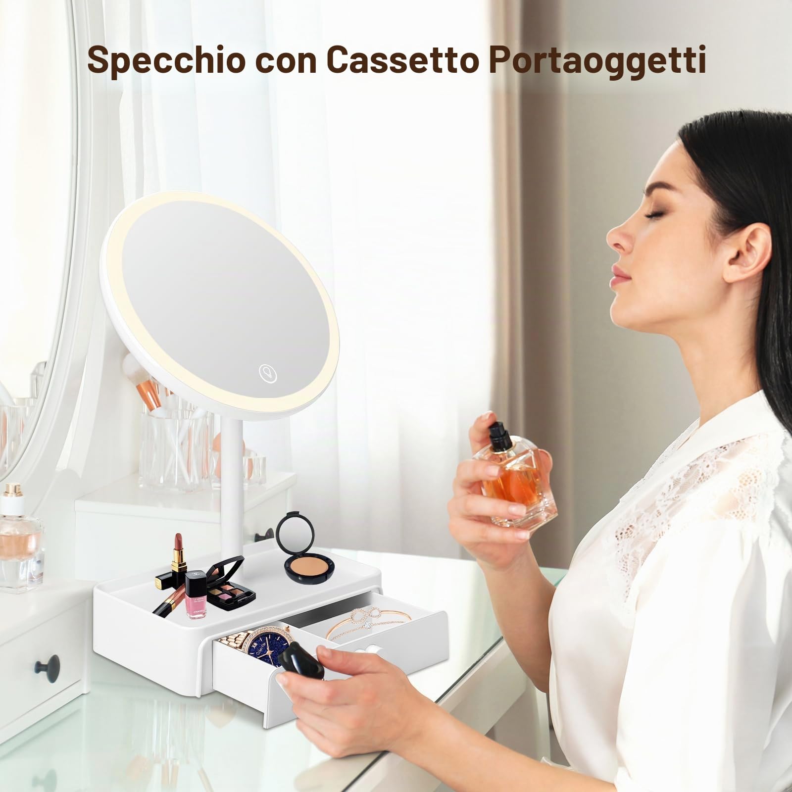 Cuteefun Specchio Trucco con Luci, Specchio Ingranditore Magnetico 5X con Cassetto, 3 Colori di Luce, Touch Screen Dimmerabile, USB Ricaricabile, Ideale per Camera da Letto, Tavolo di Vanità, Bianco