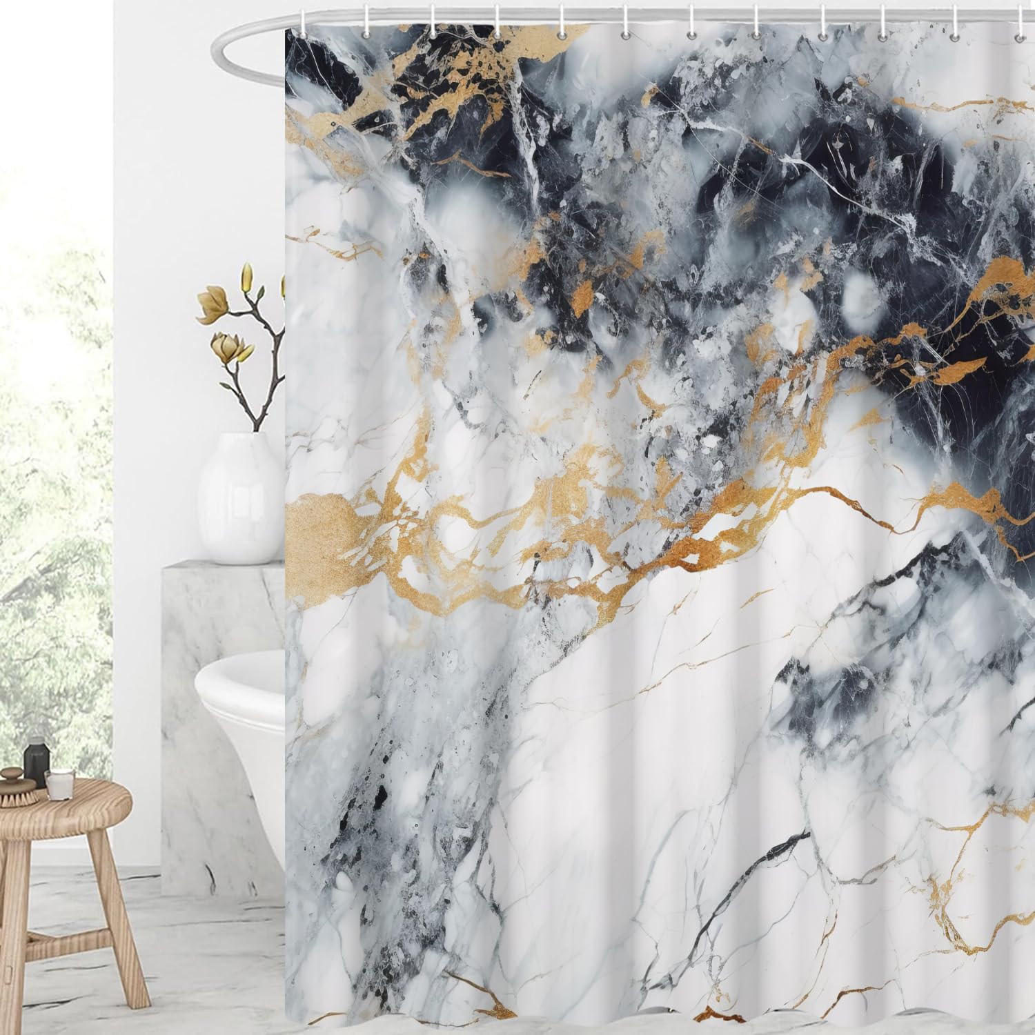 GCIREC Shower Curtain, 120x200cm, Black White with Gold Texture Ink Marble Modern Art Waterproof Fabric Machine Washable Bathroom Curtain with Hooks