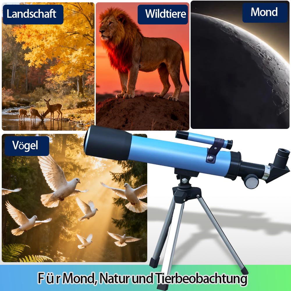 Teleskop für Kinder 8–12 Jahre, astronomisches Kinder-Teleskop mit Stativ, Anfänger-Teleskop 50 mm Öffnung, Mond, Vogelbeobachtung, pädagogisches Geschenk für Jungen und Mädchen, Alter 6–12