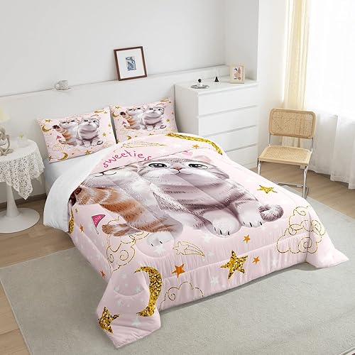 Miniatura 4 de Juego de edredón con diseño de gato y luna brillante, juego de ropa de cama con estampado de gatos, juego de edredón acolchado de gatito rosa para