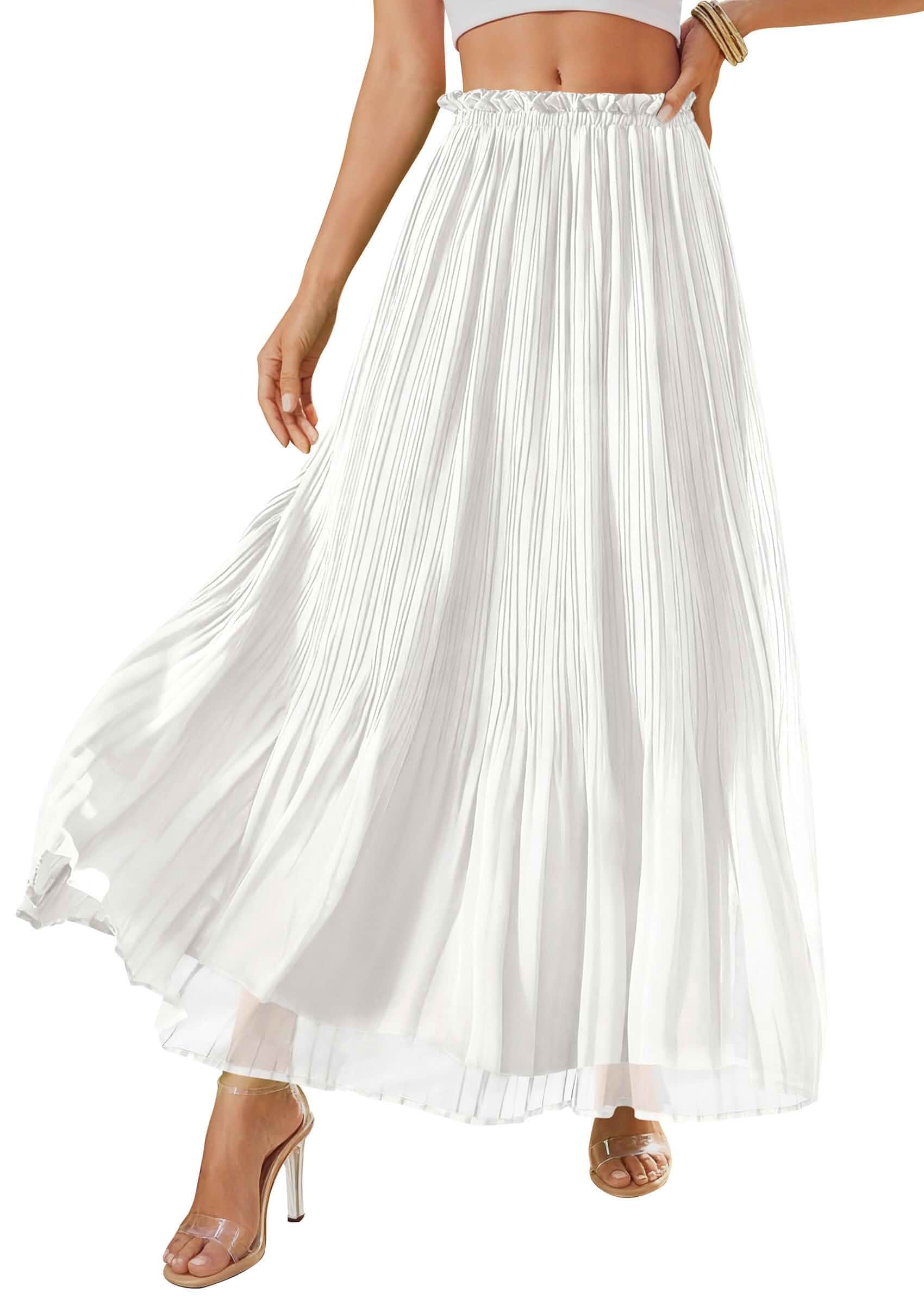 PRETTYGARDEN Pleated Midi Skirts for Women 2026 Flowy Summer Beach Vacation High Waisted Chiffon Boho A-Line Long Skirt