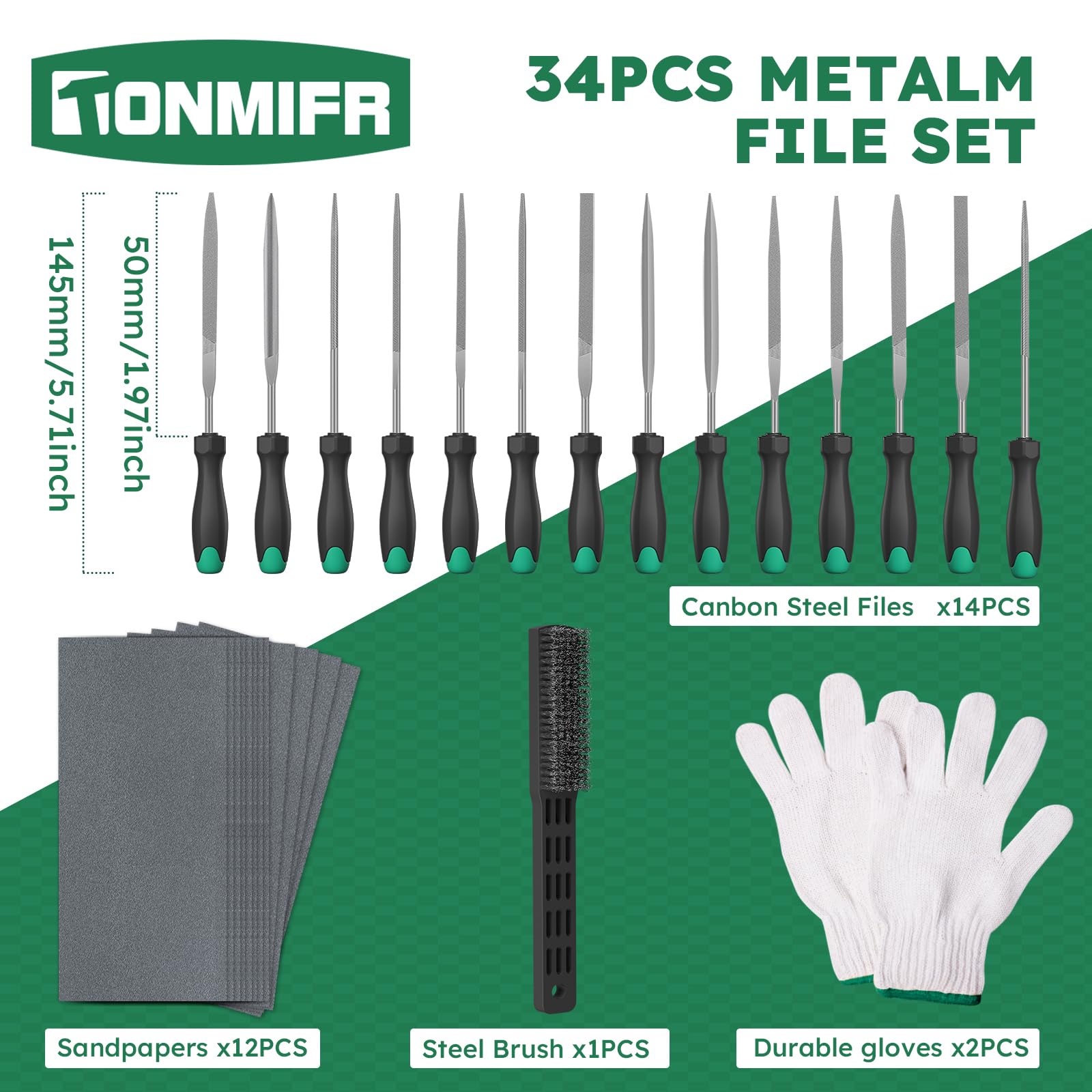 Tonmifr Professional Metal File Set 34Pcs Industrial Grade High Carbon Steel,5 Shapes (Flat/Half Round/Round/Triangle/Square) for Hardened Steel Metalworking Tools with Storage Case,14 Needle Files - Image 4