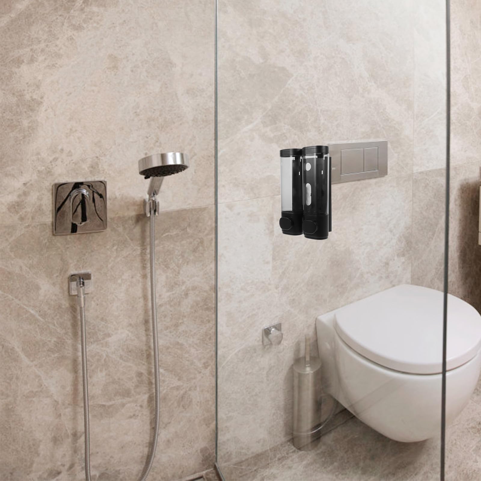 BESTOYARD Dispensador de Jabón Colgante, Dosificador de Loción de Pared, 300ml, Plástico, Negro, sin Perforaciones, Bomba Suave para Champú y Lociones, Restaurantes y Hospitales