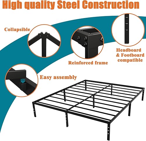 Miniatura 5 de Marco de cama Queen con plataforma de metal, soporte de listones de metal resistente máximo de 3500 libras, marcos de cama de almacenamiento debajo