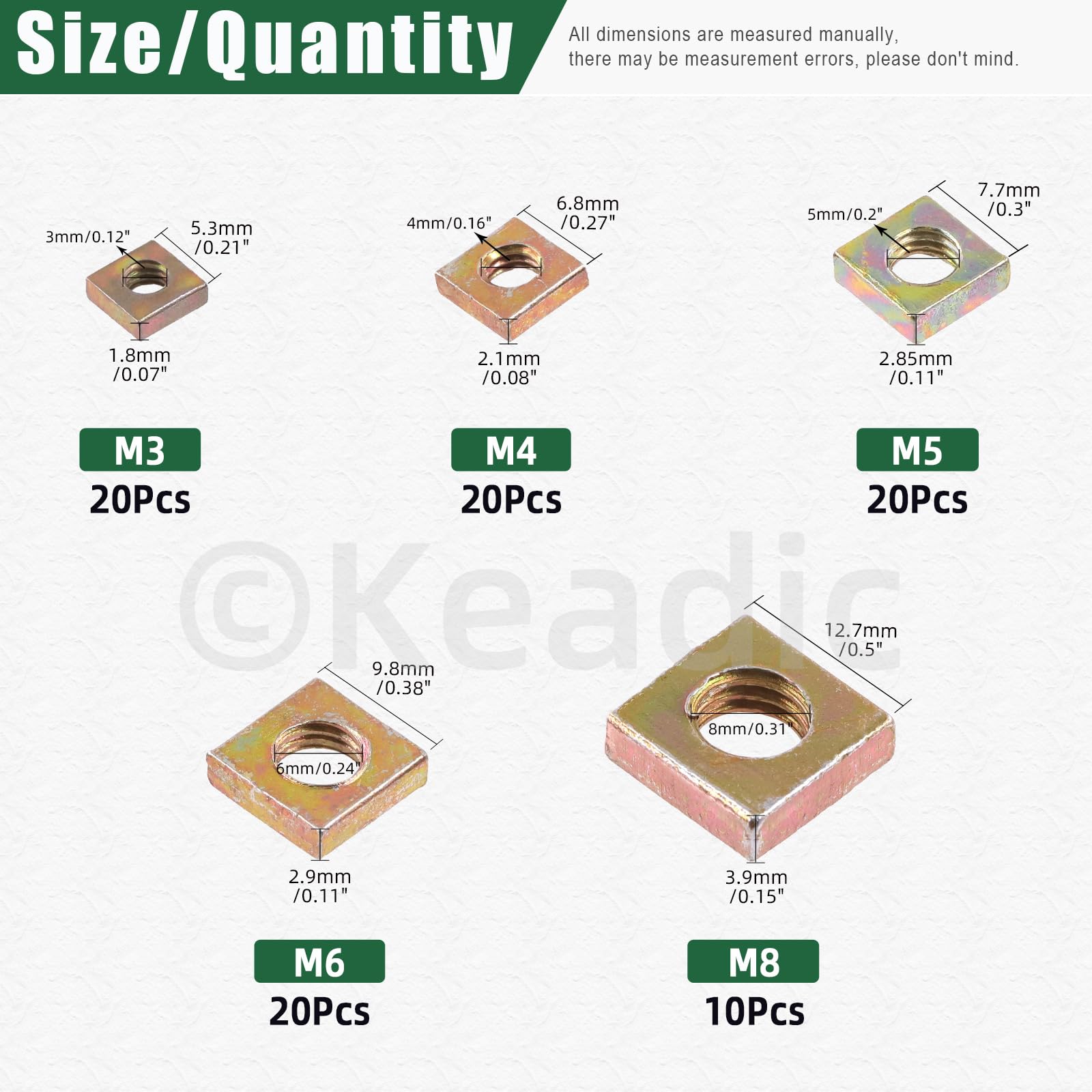 Keadic 90Pcs Yellow Zinc-Plated Square Nuts Assortment Kit, M3x5.5mmx2mm, M4x7mmx2mm, M5x8mmx3mm, M6x10mmx3mm, M8x13mmx4mm Coarse Thread Nut for Furniture, Electrical Appliances