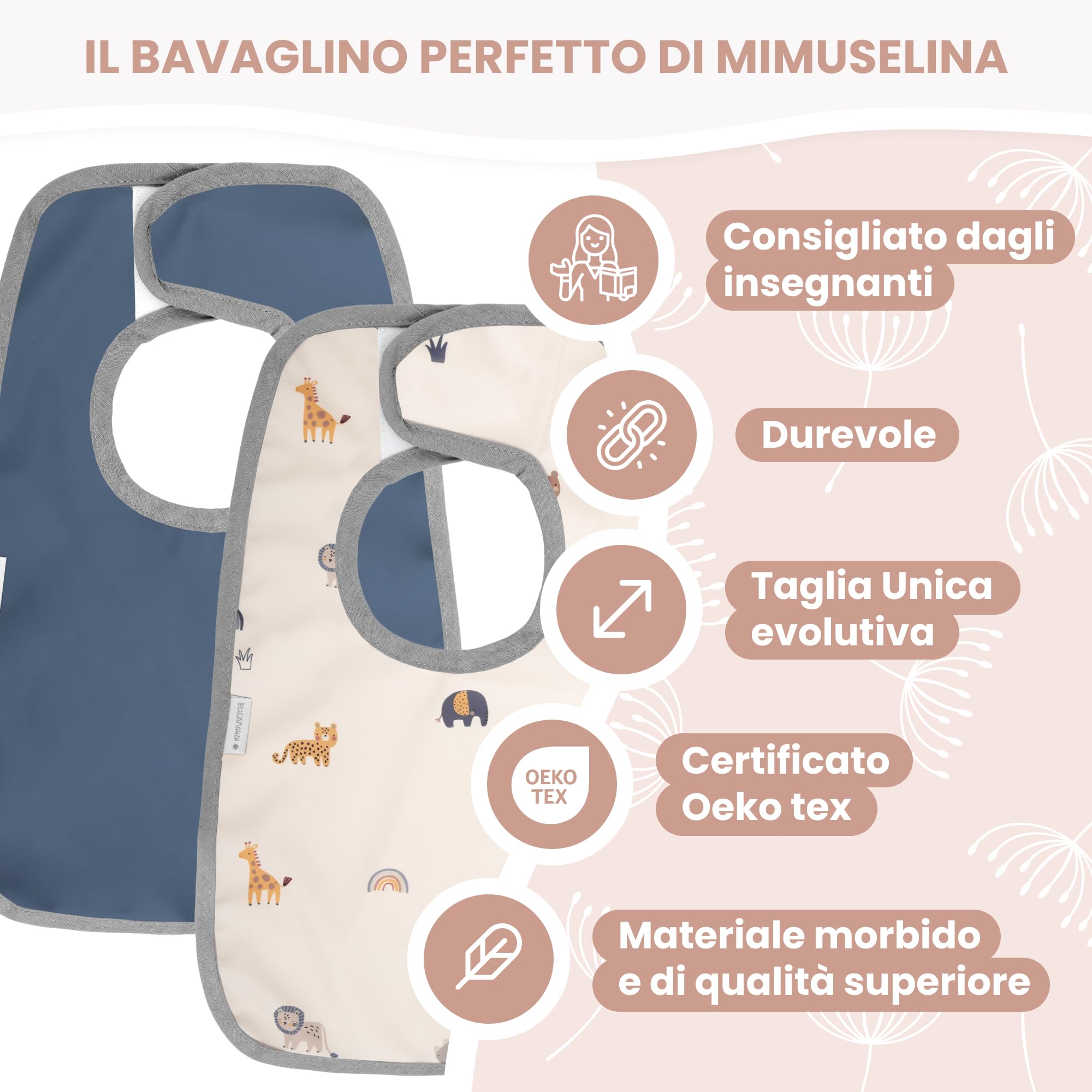 Set di 2 Bavaglini Neonato Impermeabili MIMUSELINA | Bavaglino Pappa Svezzamento Comodo | Prodotto in Spagna