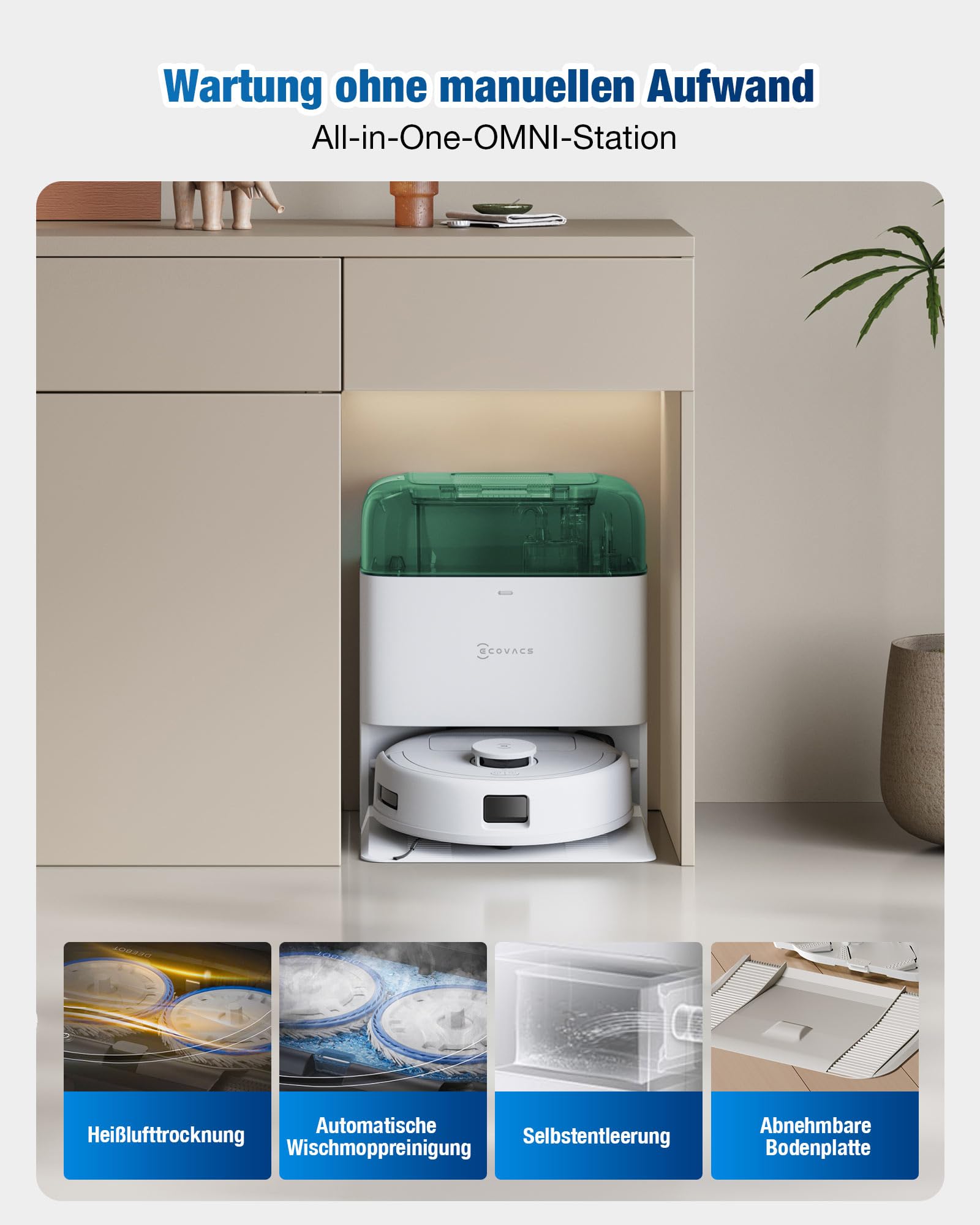 ECOVACS DEEBOT MINI Saugen/Wischen, 9.000 Pa Saugkraft, ZeroTangle 2.0, TrueMapping 2.0, 45 ℃ Heißlufttrocknung, Selbstentleerung, intelligente Tiefenreinigung, Selbstreinigung per Knopfdruck, Grün