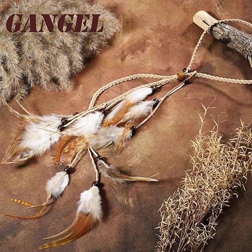 Gangel Diadema india de plumas hippie con plumas blancas y marrones, cuerda de cáñamo larga con borla larga para festival
