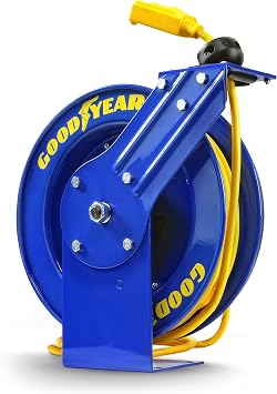 Goodyear Extension Cord Reel Retractable 14AWG x 100 Feet 3C SJTOW Cable Triple Tap Connector Power Rating 125 Volt AC 13 Amp 1625 Watt Industrial Steel Single Arm