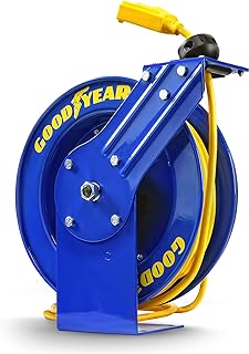 Extension Cord Reel Retractable 14AWG x 100' Feet 3C SJTOW Cable Triple Tap Connector Power Rating 125 Volt AC 13 Amp 1625 Watt Industrial Steel Single Arm
