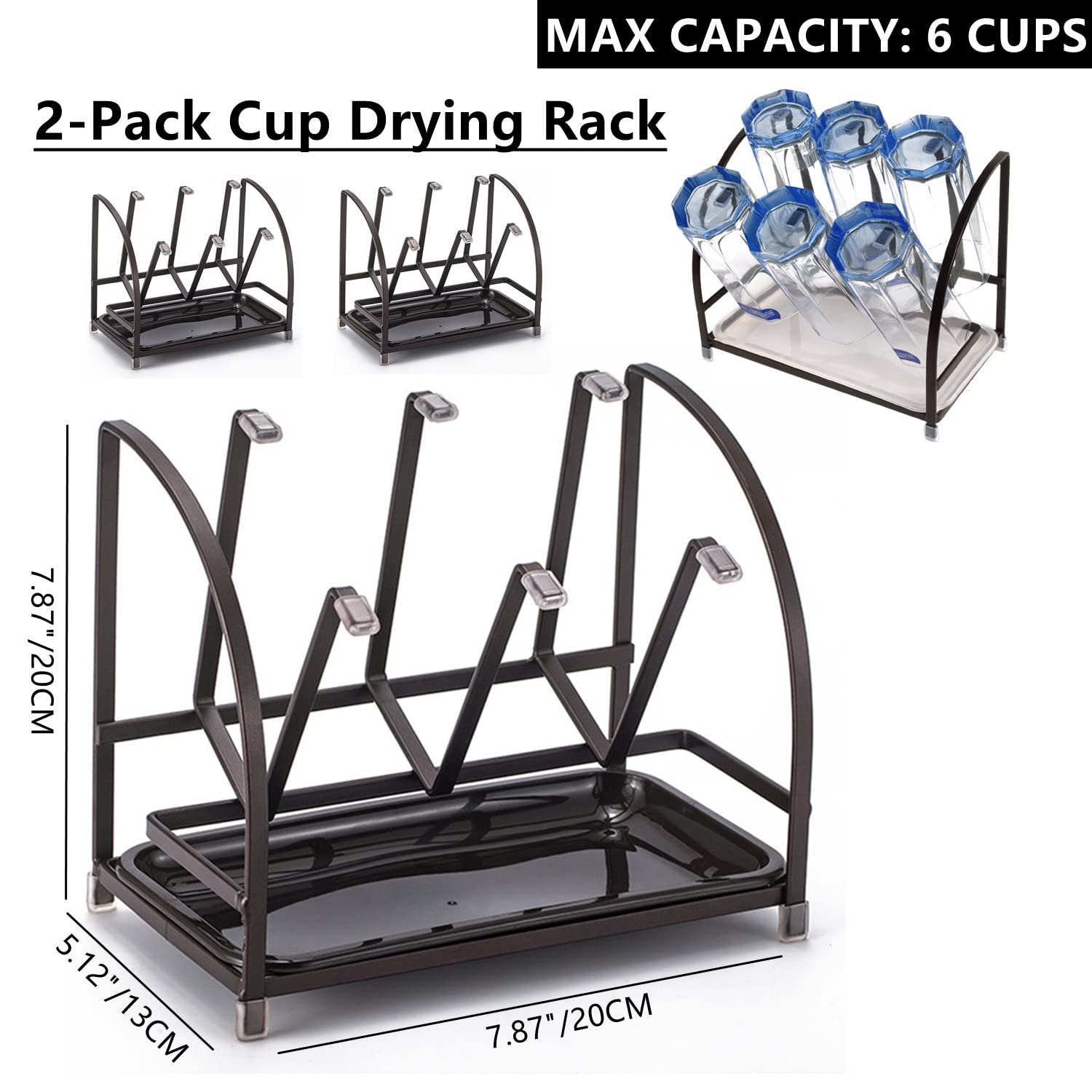 RHBLME 2 Packs Glass Drying Rack, Vertical Bottle Drying Rack Glass Bottle Holder with Drain Tray, Silicone Protective Hooks, Carbon Steel Non Slip Cup Mug Organizer for Glass Coffee Mug Countertop