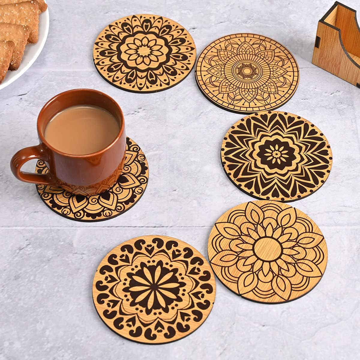 GKD Coaster Set of 6 Mandala Art Wooden Coasters with Proper Coaster Stand Coaster Set fit for Tea Cups, Coffee Mugs & Glasses (3.5 X 3.5 Inch) (Bamboo Eco-Friendly)