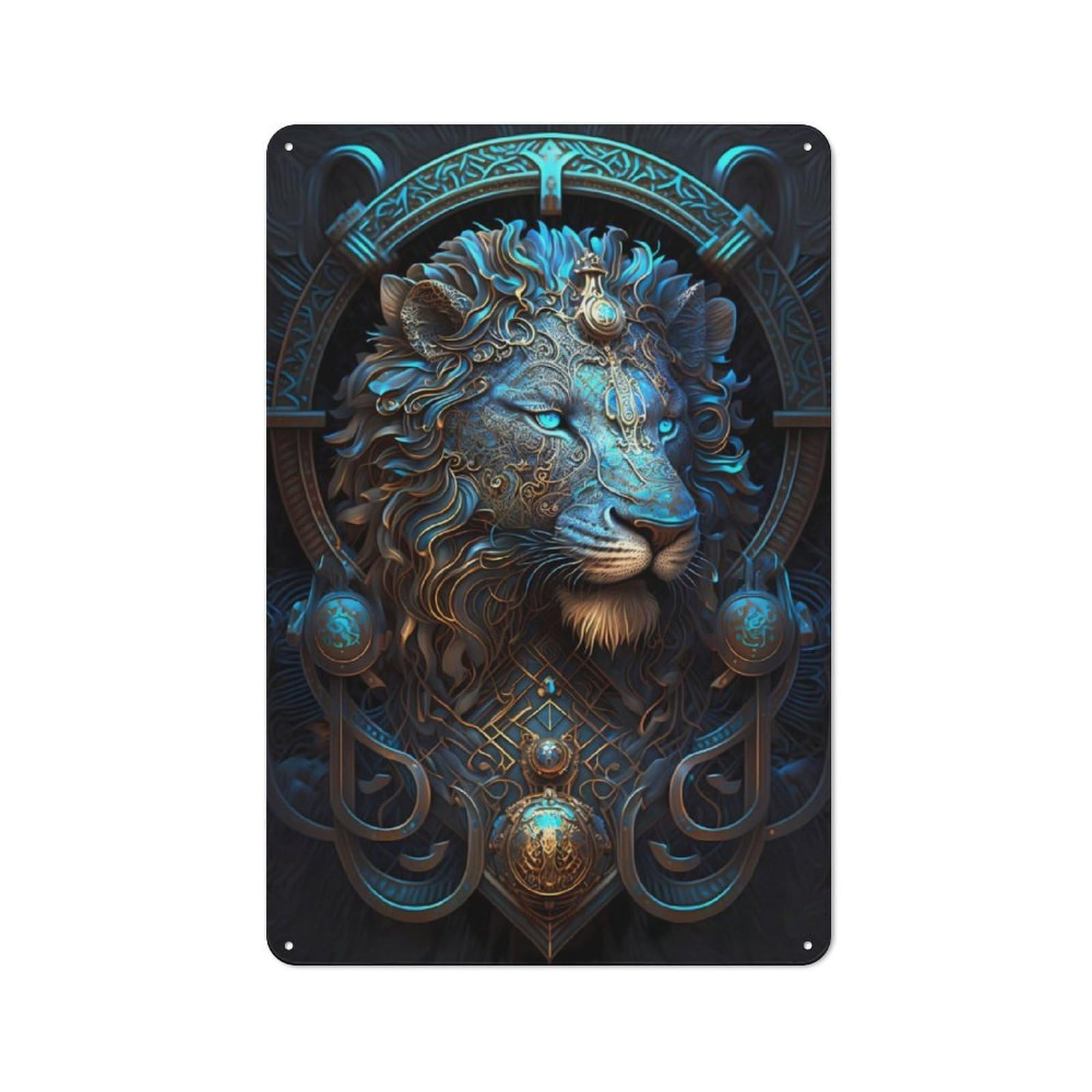 Junmoney Mystical Cosmic Blue Lion Vintage Tin Sign 30X20cm With For Café Or Restaurant, For Kitchen, Dining Room And Home Bar Wall Decor