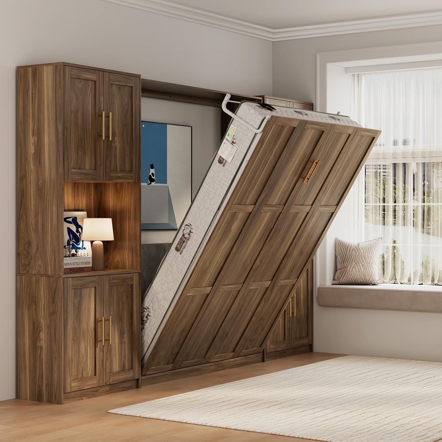 Bobve Farmhouse Murphy Bed Queen, 85" Wall Bed Folds to Save Space, Concealed Bed Frame with 2 Storage Cabinets and Wall Mounted Features for Apartment/Office/Guest Room