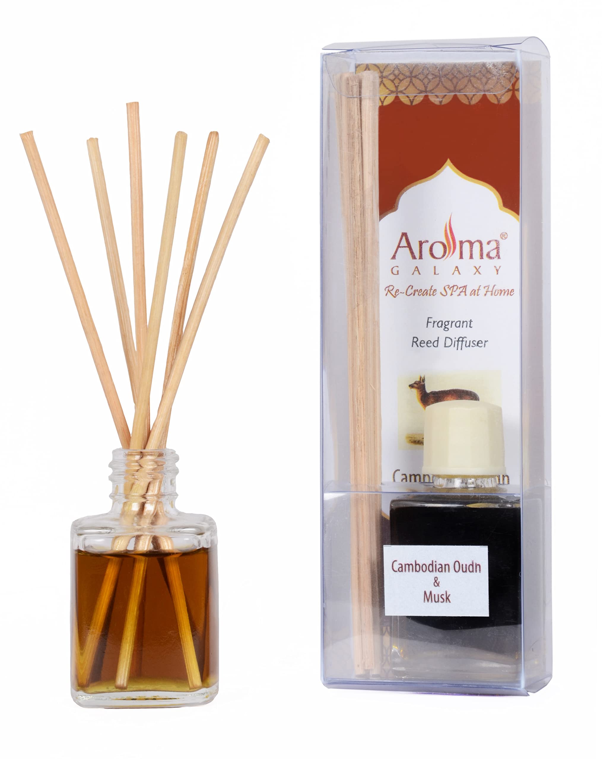 Cambodian Oudh & Musk Scented Reed Diffuser Oil in Glass Bottle with 6 Reed Stick - 30 ML - Alcohol Free - for Home Living Room