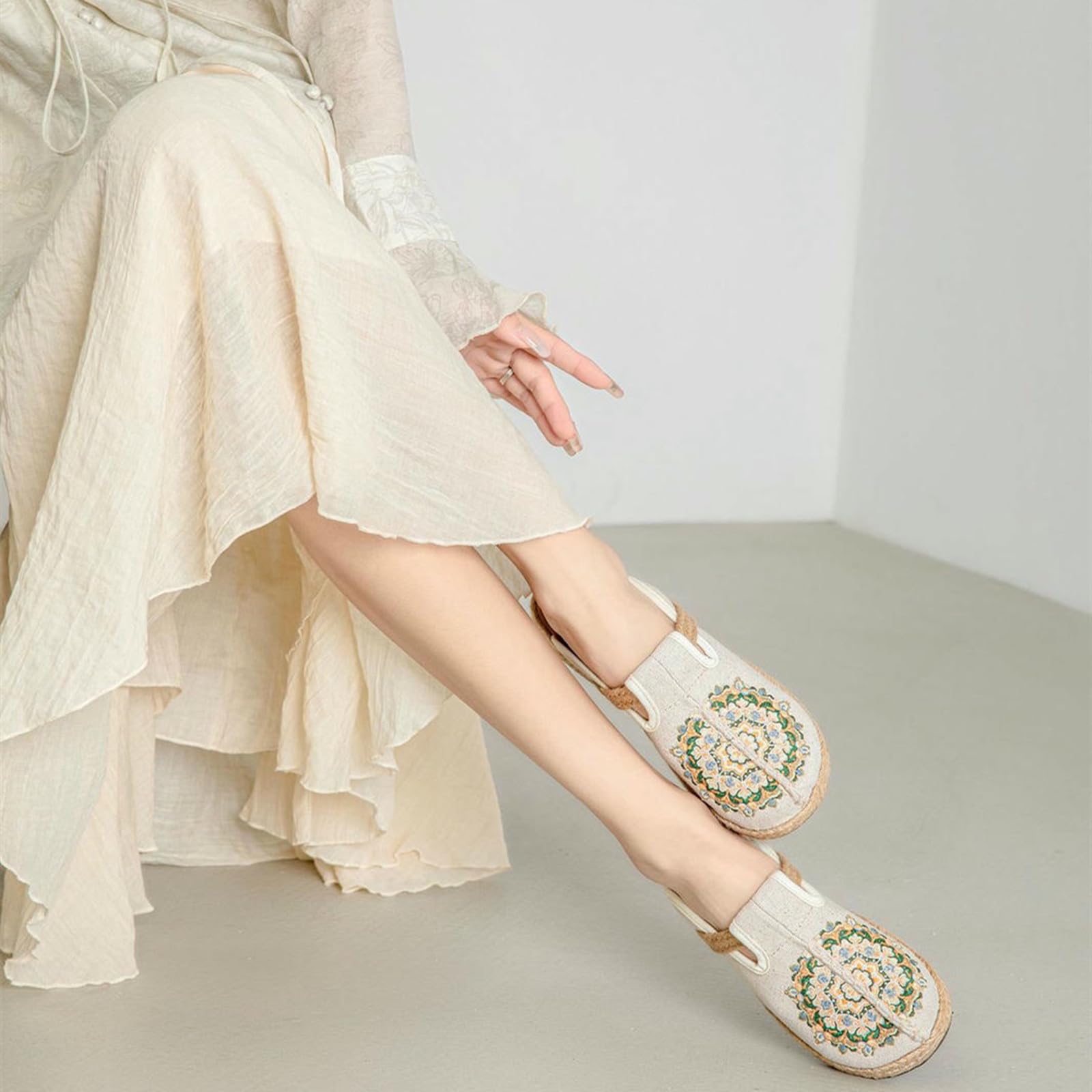 Ciabatte Donna Pantofole da Ricamate in Biancheria - Scarpe Panno Stile Etnico Piatto, Comodo Scivolo Antiscivolo per Primavera E Estate-beige-39ue