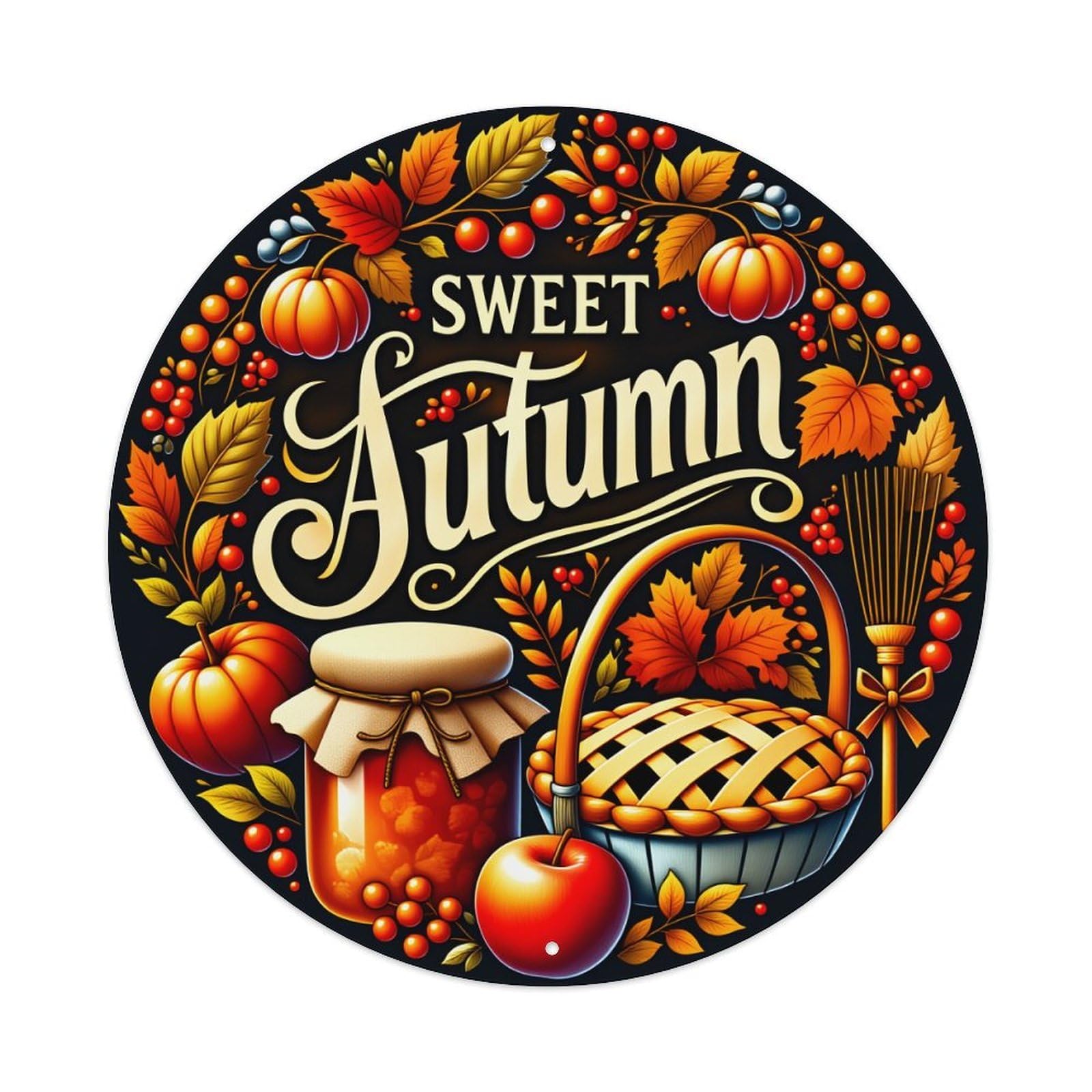 Autumn Leaves Pumpkins Pie Jar Round Tin Sign Vintage Metal Poster Retro Bar, Home, Man Cave, Kitchen, Laundry Room Wall Art Decor Gift 8x8Inch