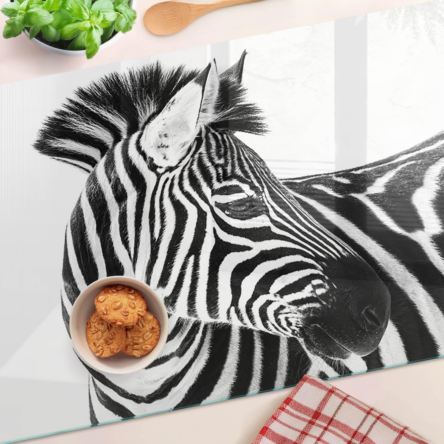 Tagliere in Vetro Temperato 80x52 cm Durevole e Igienico Antigraffio Facile da Pulire con Piedini Antiscivolo Rettangolare Resistente al Calore da Cucina con Stampe - Zebra nella neve
