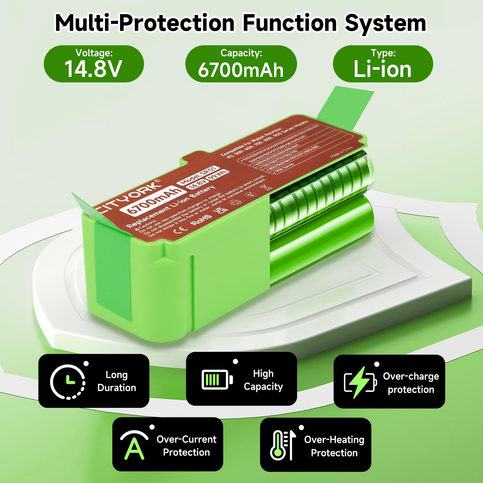 CITYORK 6700mAh Li-ion Batería para iRobot Roomba 980 981 985 960 968 971 976 966 965 900,880 896 895 890 891 800, 690 695 680 676 675 650 630 615 606,780 770 760 776,560 551 500 iRobot Roomba Bateria