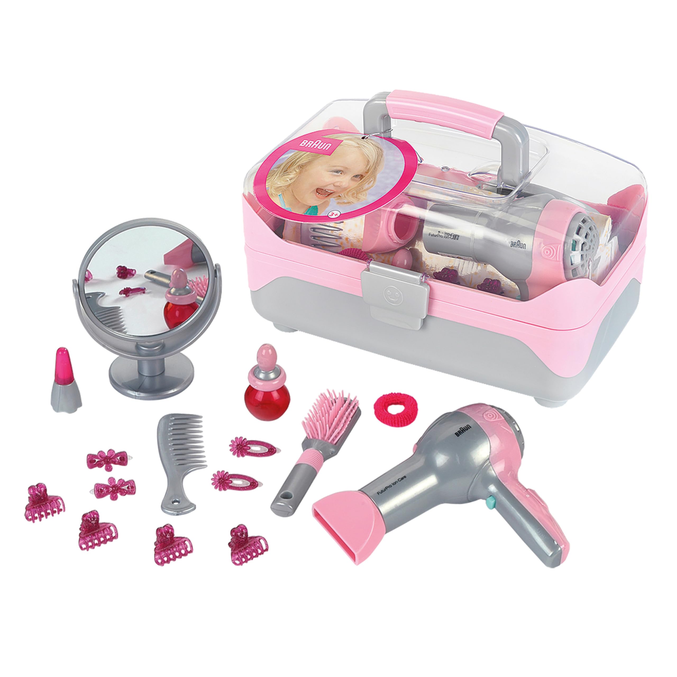 Theo Klein5862 Braun Hairdresser's Case I With Battery-Powered Hairdryer I Lots of Hairdressing and Styling Accessories I Dimensions: 27.5 cm x 16.5 cm x 16 cm I Toy for Children Aged 3 Years and up