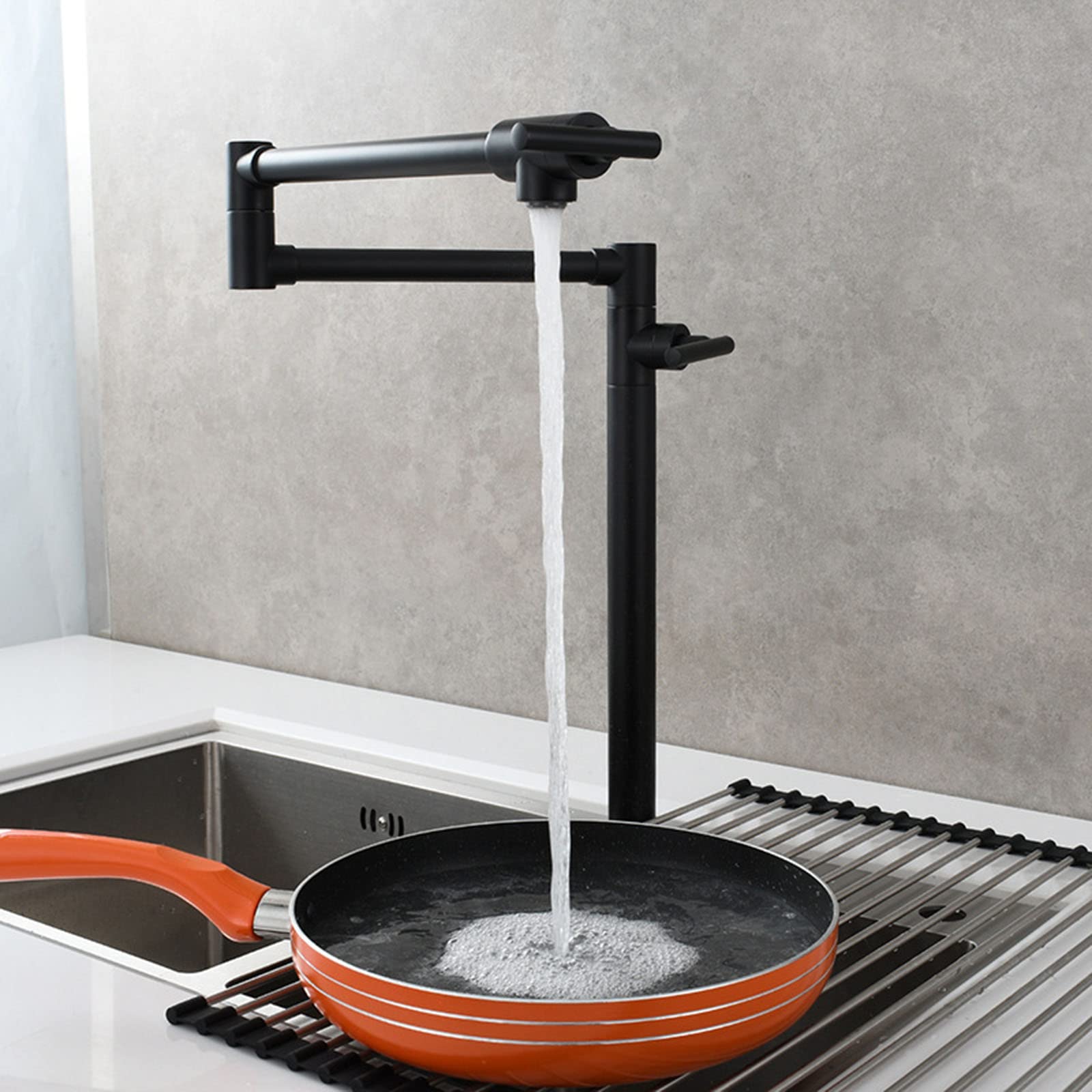 ASerZenith Pot Filler Faucet, Brass Folding Kitchen Faucet Double Switch Single Cold Kitchen Sink Faucet Deck Mount Telescopic Kitchen Faucet With Double Joint Swing Arms,Black