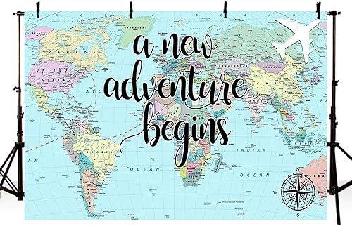 Una nueva aventura comienza viajando niño, decoración de fiesta de baby shower, telón de fondo, mapa del mundo alrededor del mundo, aventura espera
