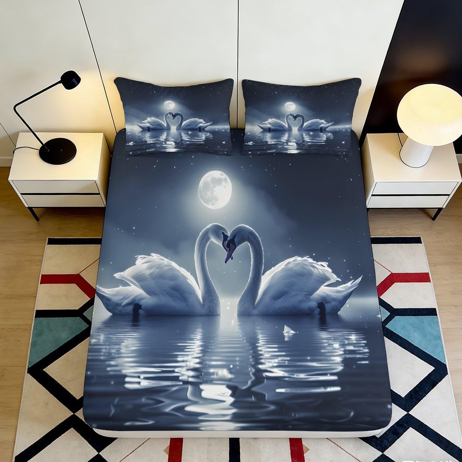 3D Printed Swan Moonlight Fitted Sheet Microfiber Soft Durable Night Sky Bed Cover for Bedroom Dormitory Guest Room Mattress Protection Decor 160x200x25cm