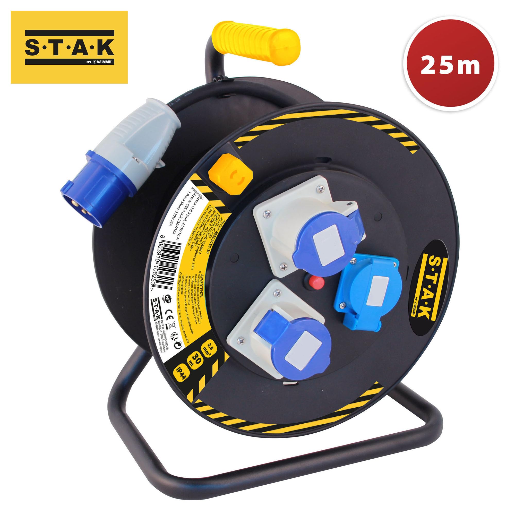 Enrollador de Cable Profesional H07RN-F3G2.5MM2, 1 Clavija CEE / 2 Tomas CEE+1shuko. 25m