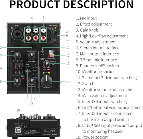 Miniatura 8 de XTUGA AMG03 Mezclador de audio de 5 canales, interfaz de audio USB con efecto de eco para grabación de estudio en casa, transmisión en vivo, equipo