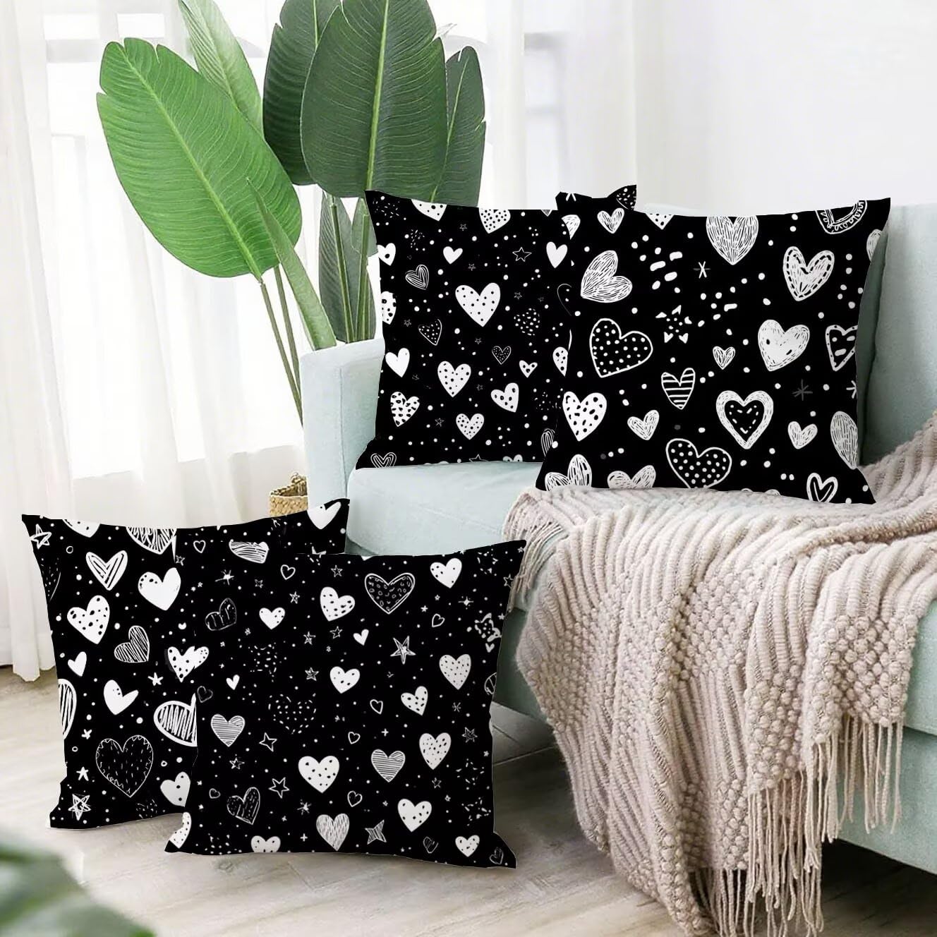 Poszewka na poduszkę 70 x 70 cm, kwadratowy zestaw 4 sztuk, czarna poszewka na poduszkę zewnętrzna, lniana poszewka na poduszkę miłość, wodoodporna tkanina, do sypialni, salonu, ogrodu itp. Idealny