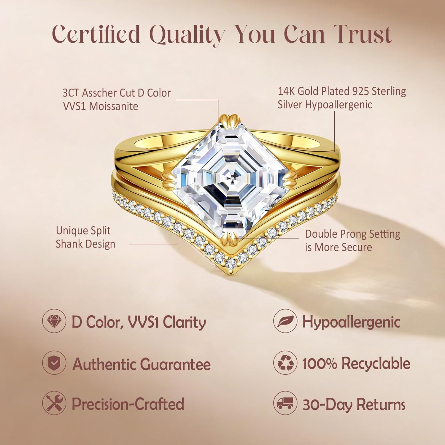 3CT Asscher Cut Moissanite Engagement Ring Set for Women, Split Shank Design 14K Gold Plated 925 Sterling Silver Wedding Ring, D Color VVS1 Gold Moissanite Wedding Set Promise Gift, Size 5-10 - Image 4