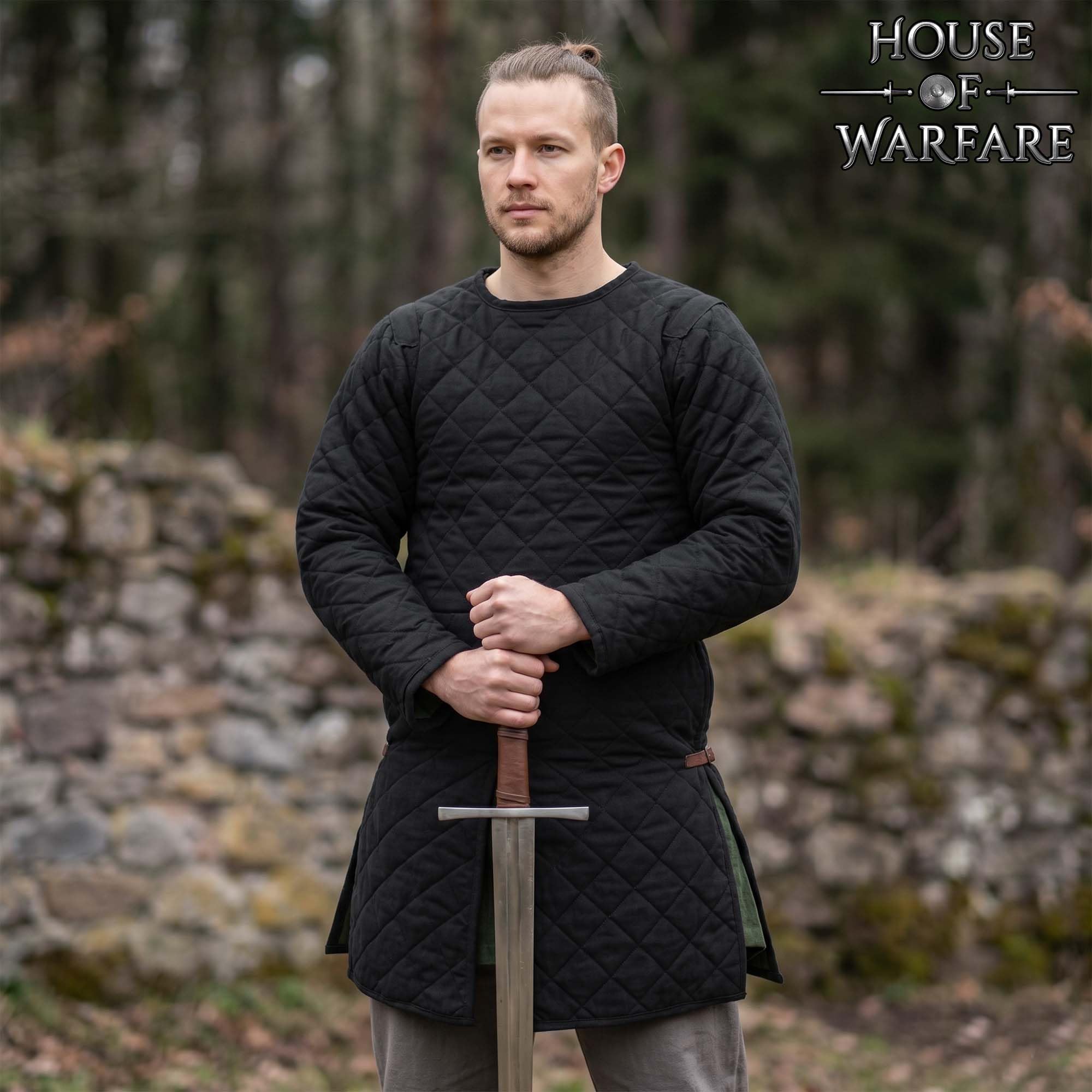 Medieval Gambeson acolchada manga completa dos capas LARP negro XXL