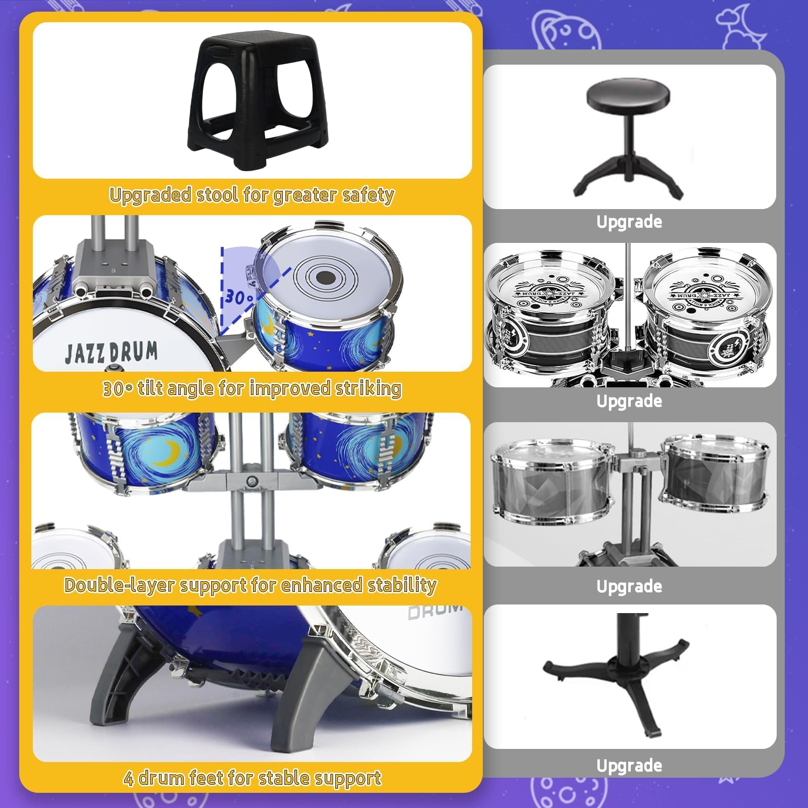 Kinder Schlagzeug Spielzeug von 3-7 Jahre - Kinderspielzeug Schlagwerk Drumset mit Hocker Musikspielzeug Weihnachten Geburtstag Geschenk für Kleinkinder Jungen Mädchen, Blau | Pädagogisches Musikinstrument für Anfänger, Geschenk für Kinder Mädchen Geburts
