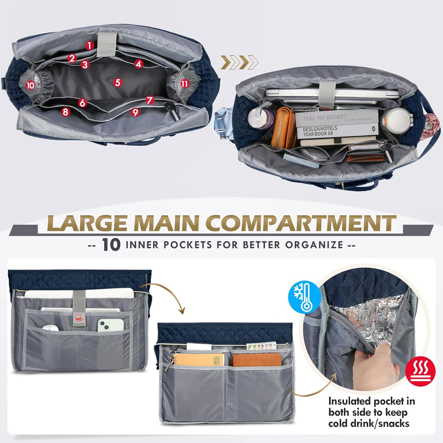 RAINSMORE Teacher Tote Bag 15.6 inch Laptop Bag for Women Work Bags Laptop Tote Nurse Bag Professional Computer Messenger with Insulated Pocket, Laptop Briefcase for Office, College, Dark Blue - Image 3