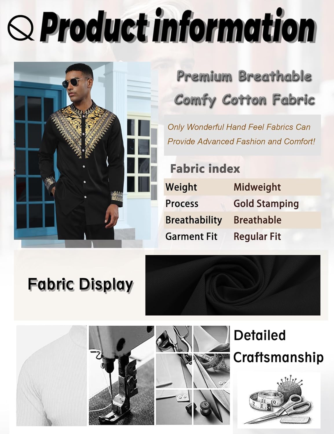 Mens African 2 Piece Set Metallic Traditional Suit Gold Stamp Printed African Dashiki Shirt and Pants Outfit - Image 4