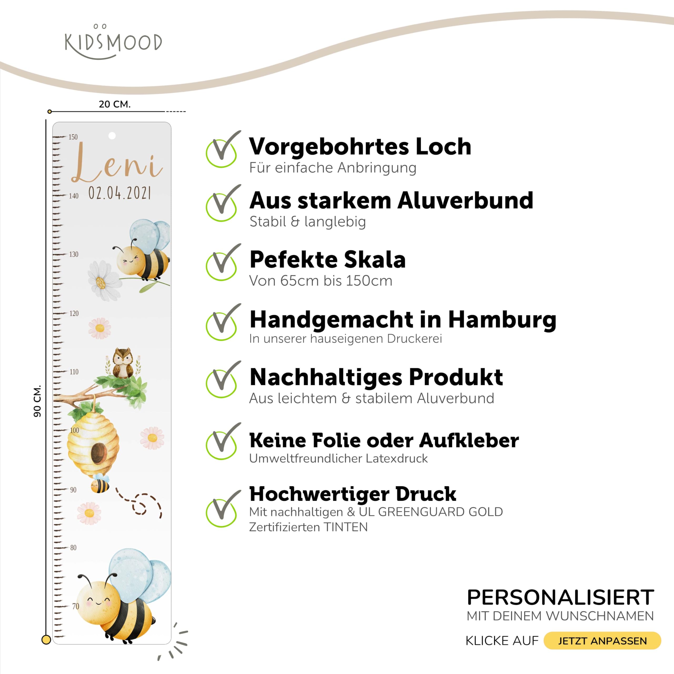 Kidsmood - Personalisierte Messlatte Kinder aus Holz – Hochwertige Messleiste & Wand-Deko für Baby- & Kinderzimmer mit zauberhaftem Biene – Tolles Taufgeschenk für Mädchen & Jungen - Skala 65-140cm