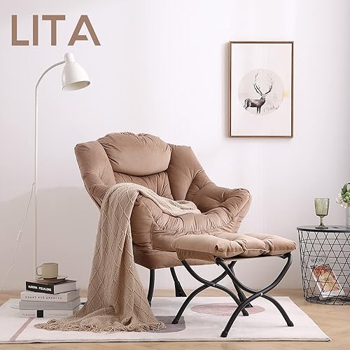 Miniatura 8 de LITA - Silla perezosa con otomana, moderna silla de descanso tapizada de ocio, sillas de lectura contemporáneas con reposabrazos y bolsillo lateral