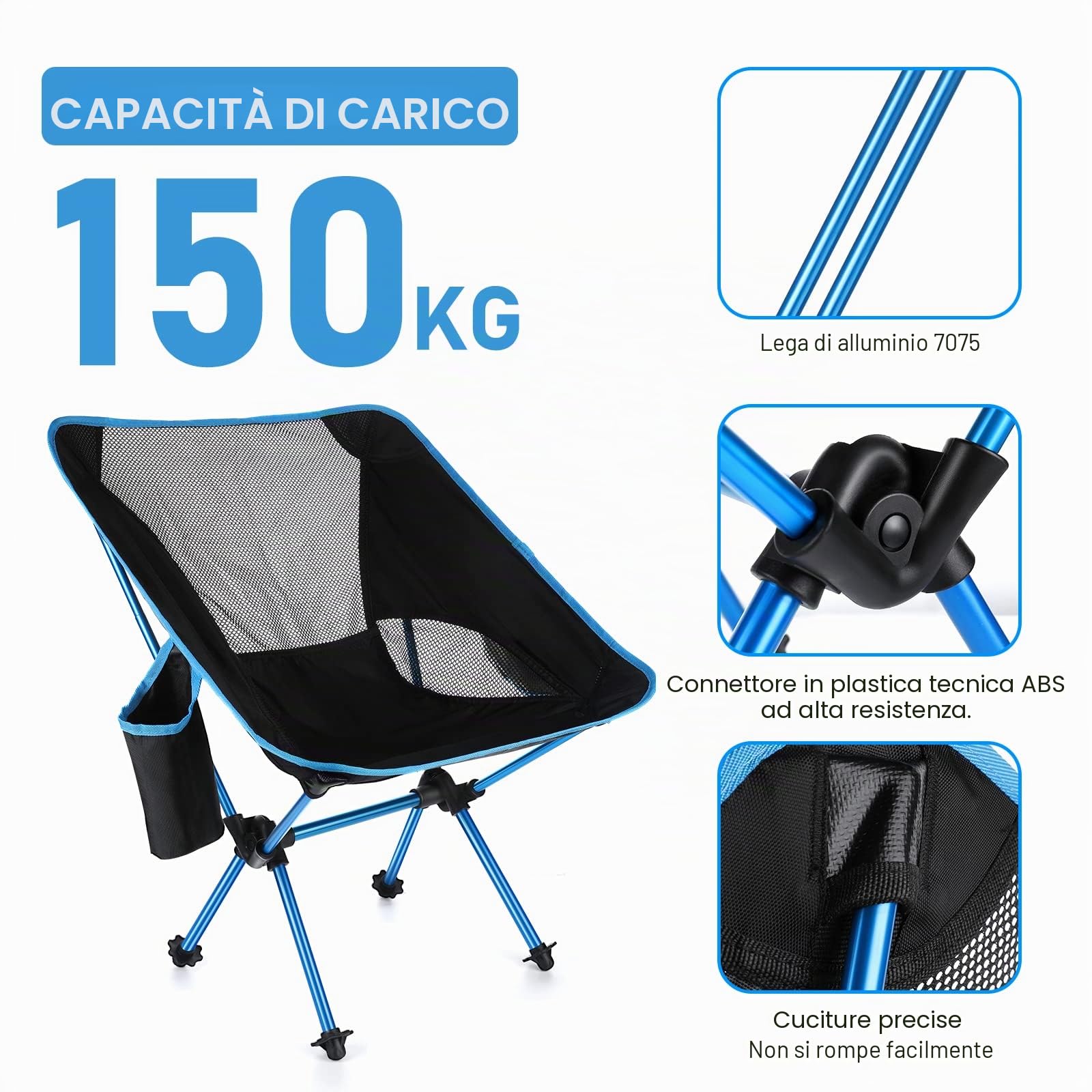 Sedia Pieghevole da Campeggio Ultraleggera 900g Max Portata 150 kg con Borsa Portatile Sedia per Spiaggia Pesca Picnic Giardino, Dimensione Piegata 35 x 12 x 10cm, 900D Oxford Tessuto