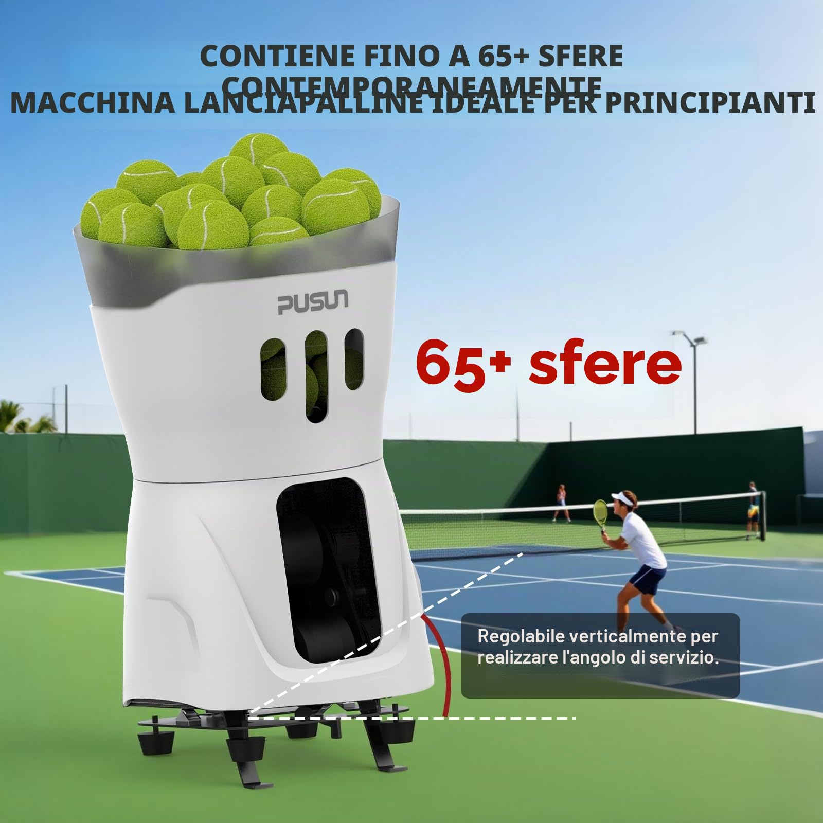 PUSUN Macchina portatile per palline da tennis, PT-Mini Pro, per pratica e allenamento, supporta app e telecomando; contiene 65 palline in una volta, facile da usare