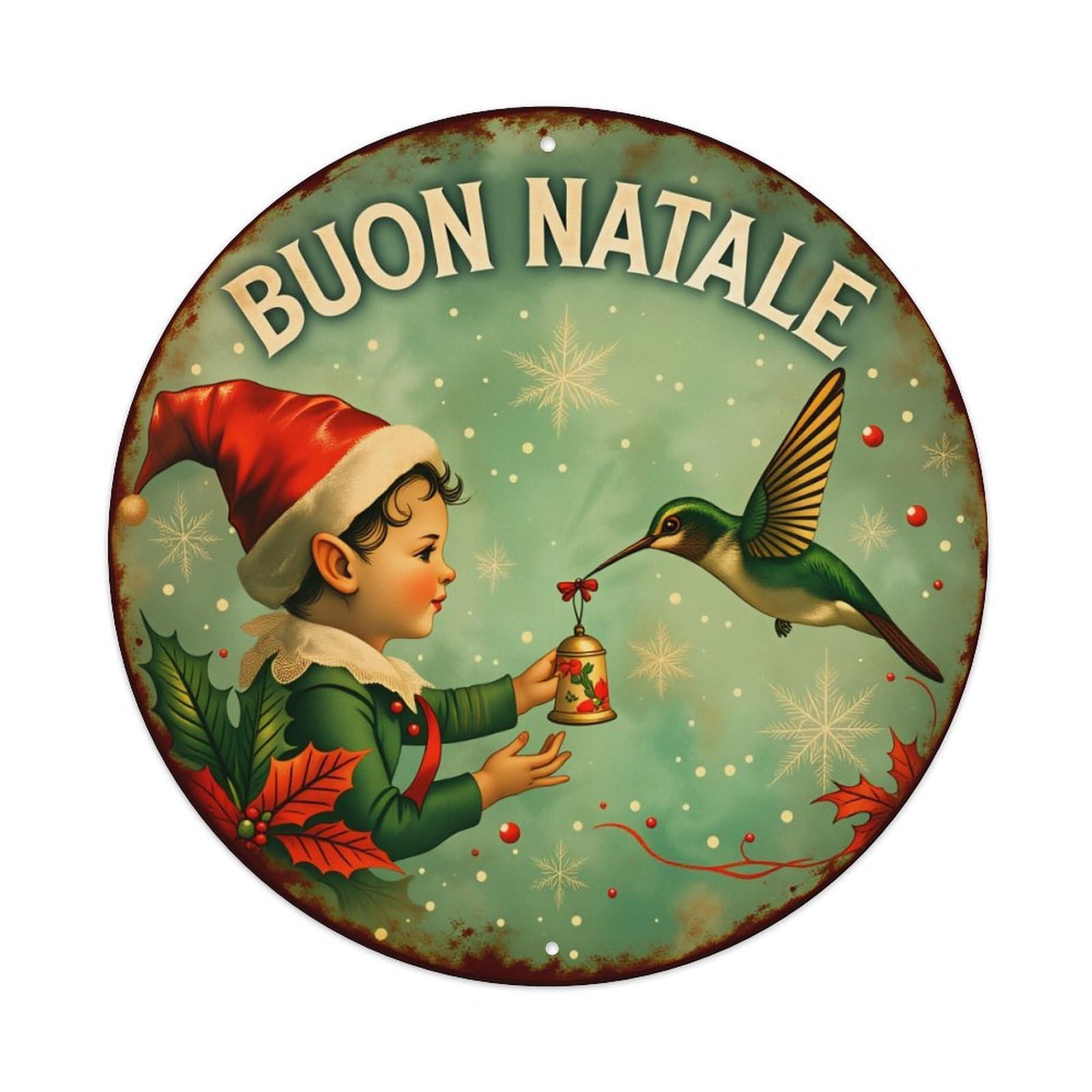 Lzwbntey Vintage Christmas Elf Hummingbird Bell Snowflake Metal Tin Sign Retro Wall Decor For Home Bar Garage Cafe, Indoor & Outdoor Decorative，Circle Metal Poster, 8X8 Inch