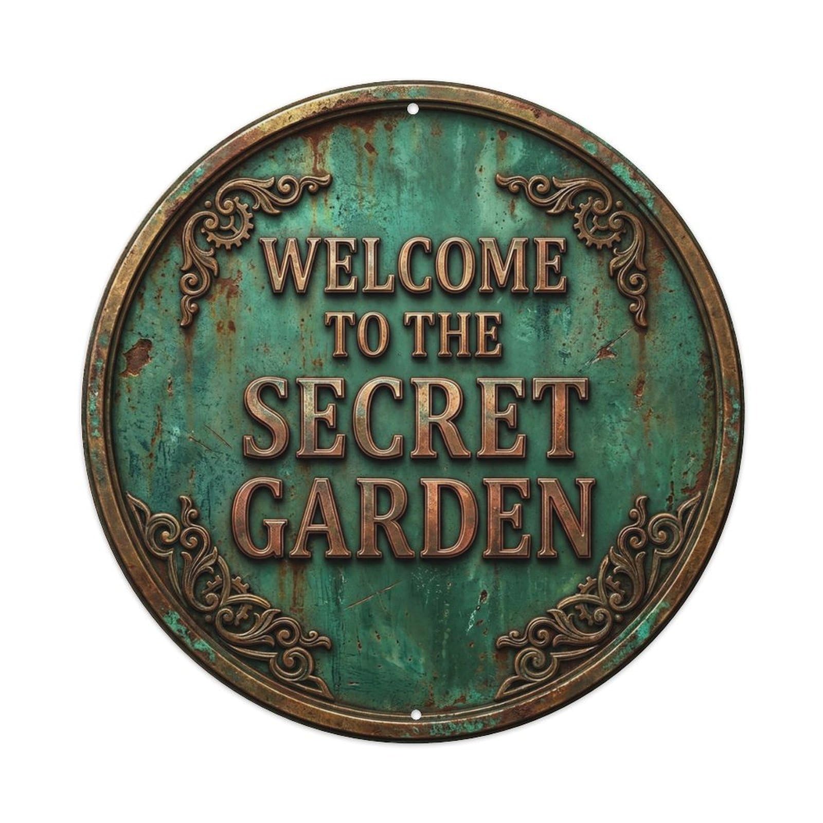 Vintage Welcome Secret Garden Bronze Deepgreen Arabesque Metal Tin Sign