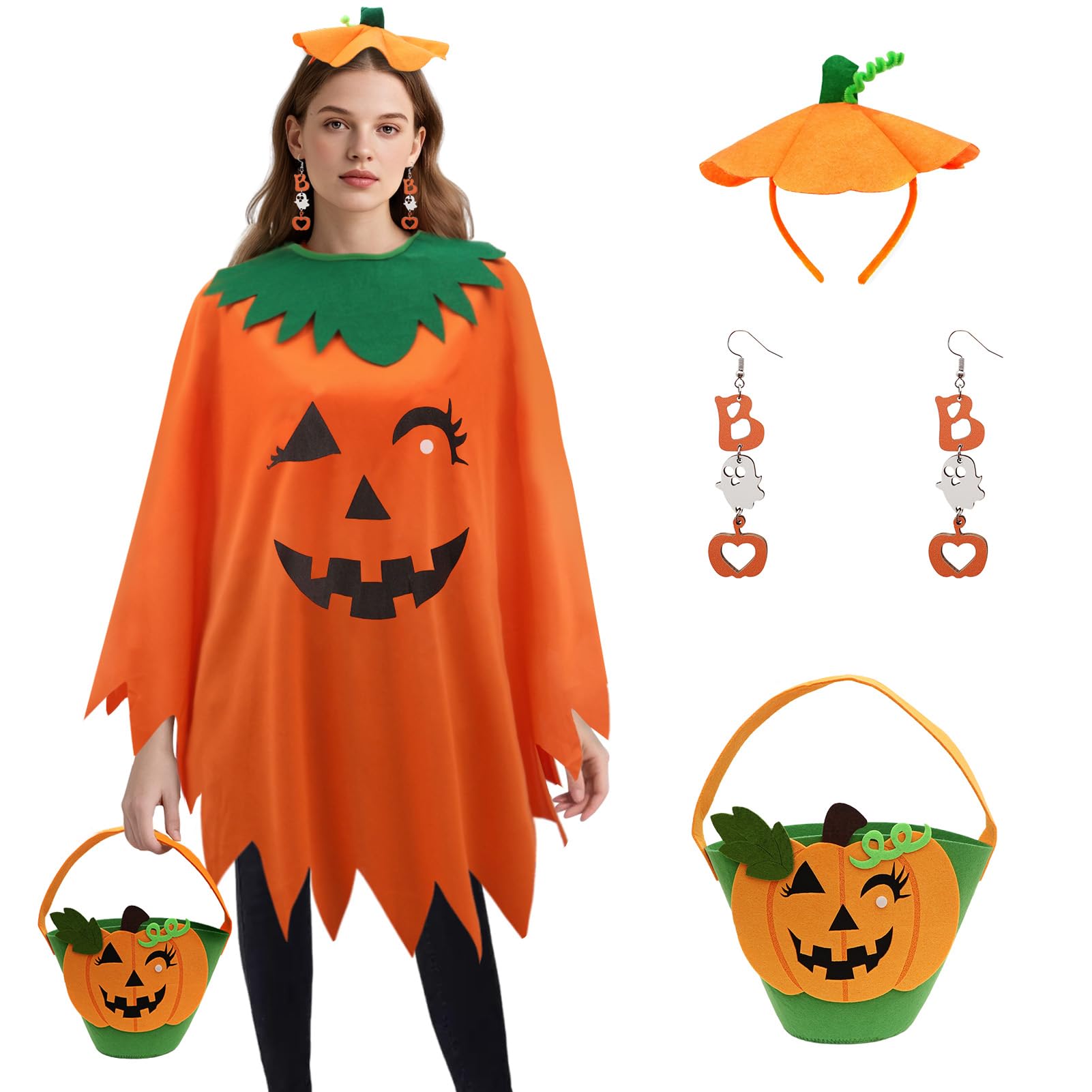 Disfraz divertido de calabaza para mujer, disfraz de Halloween de calabaza para adultos con diadema de calabazas, bolsa para dulces y medias, conjunto de 4 pieza, vestido de calabaz, fiesta carnaval