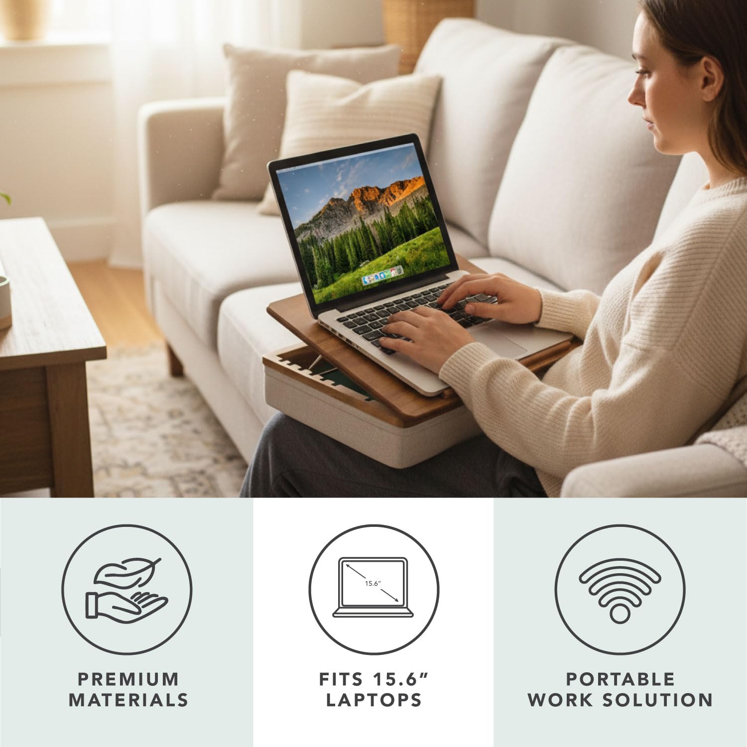 ROSSIE Home Escritorio de regazo con caballete de madera de acacia, natural, se adapta a portátiles de 15.6 pulgadas