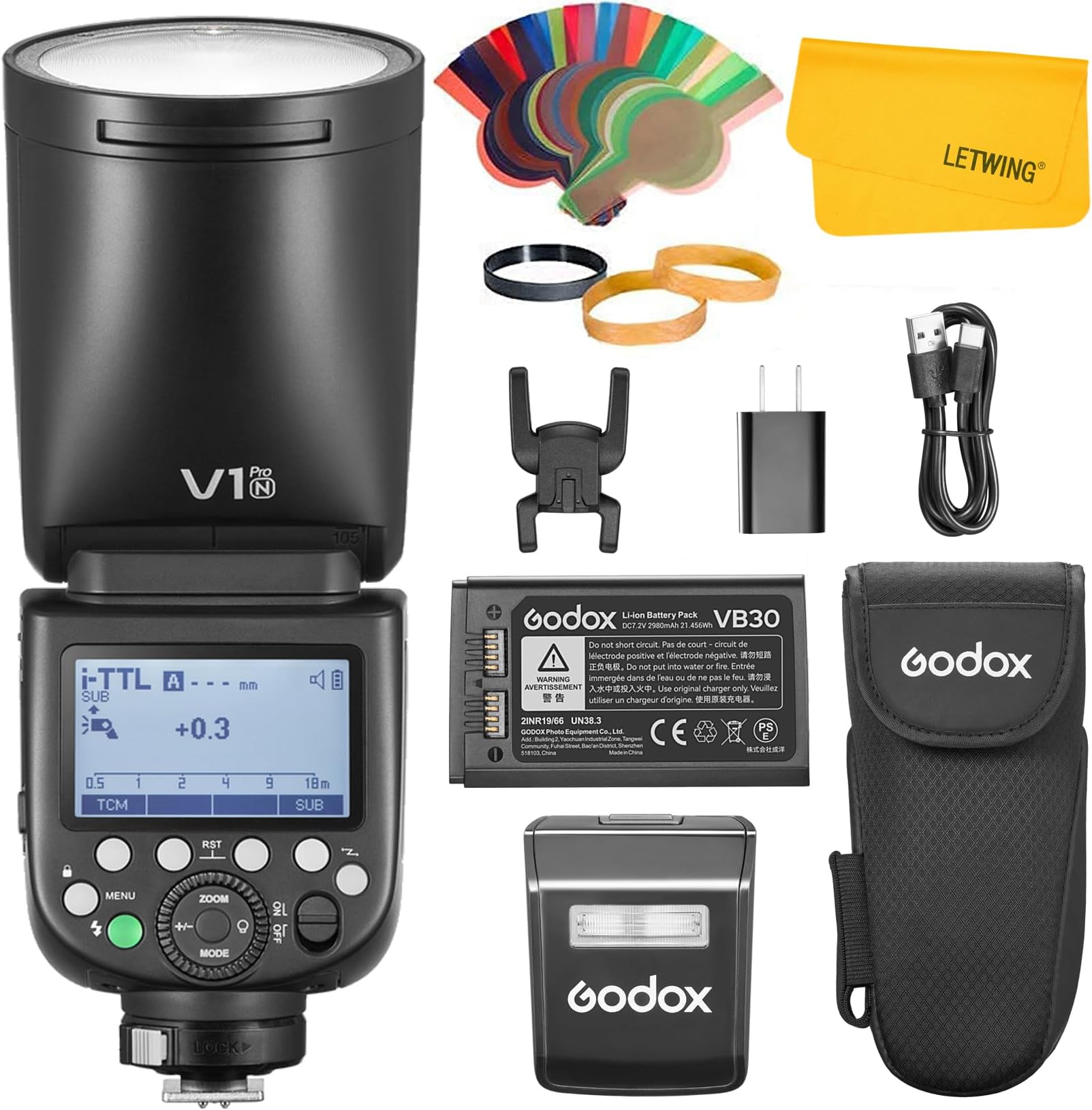 GODOXV1 Pro V1Pro N Round Head Camera Flash for Nikon, 2.4G Wireless TTL Nikon Speedlite HSS 1/8000s, Detachable Sub Flash SU-1, 2980mAh Li-ion Battery, Support Type-C Charge, M/TTL Flash Mode